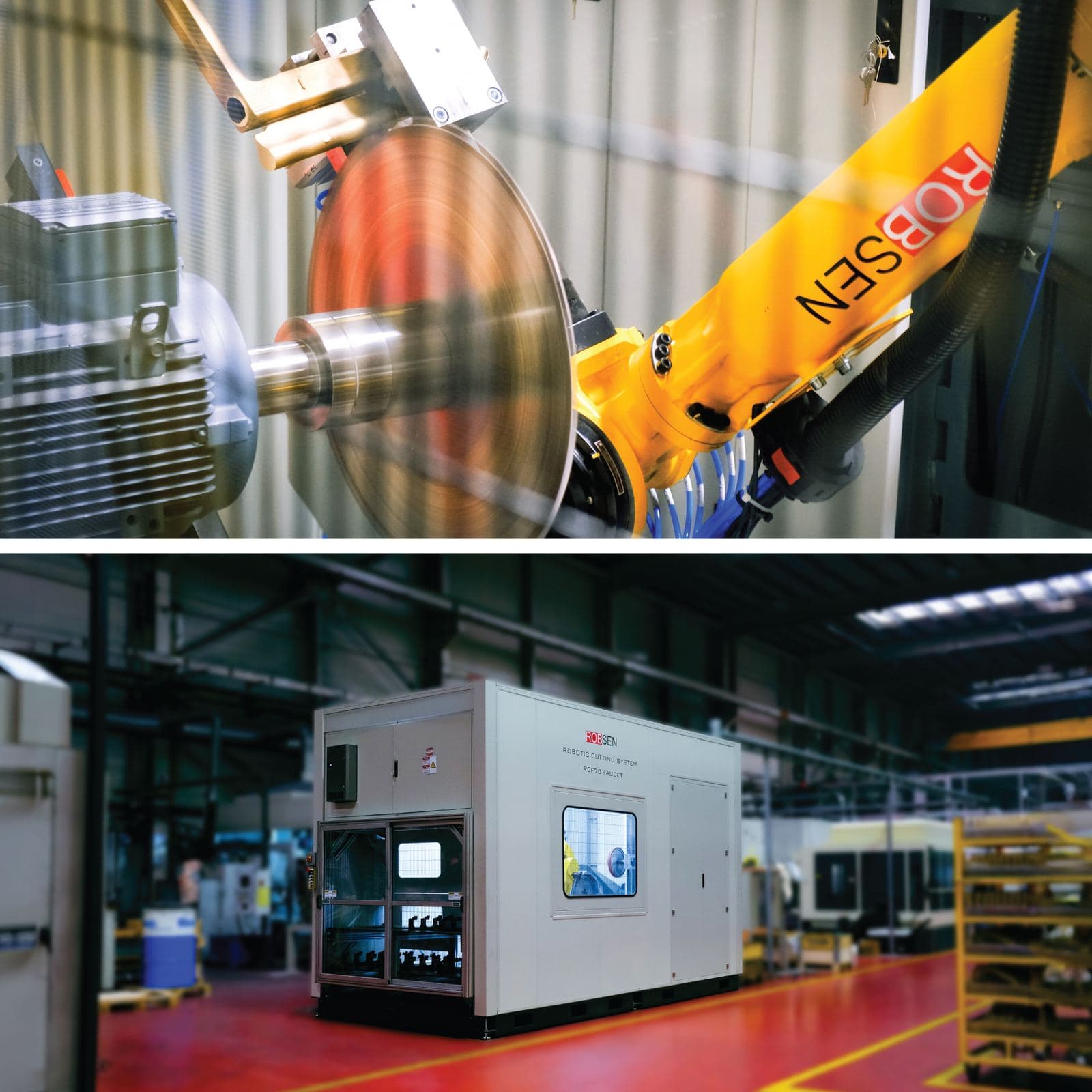 ROBSEN RCF70 Faucet robotic cutting system, a fully enclosed cell that separates the operator from the process.